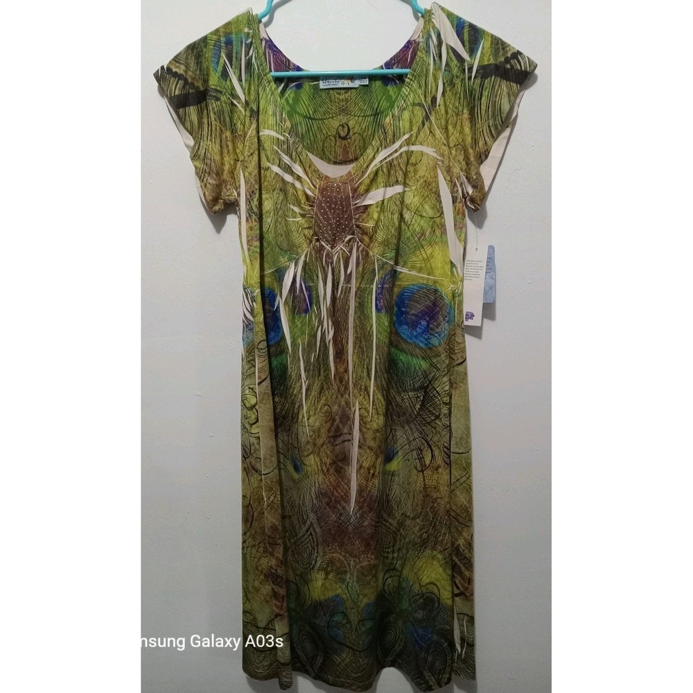 Peacock Feather Print Size M P Beaded Detail Green Dress Sheath